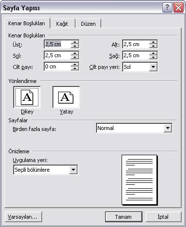 . S a y f a Y a p ı s ı : Word de yazma işlemlerini kolaylaştırmak için yeni bir belge oluşturulduğunda otomatik ayarlar kullanılır. Bu ayarlar Normal.dot dosyası içersinde muhafaza edilir.