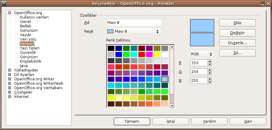 Şekil 24. OpenOffice.Org'da kullanılan renk tablosu Yazı tipleri Belgelerinizde kullandığınız farklı fontları sonradan rahatlıkla değiştirebilirsiniz.