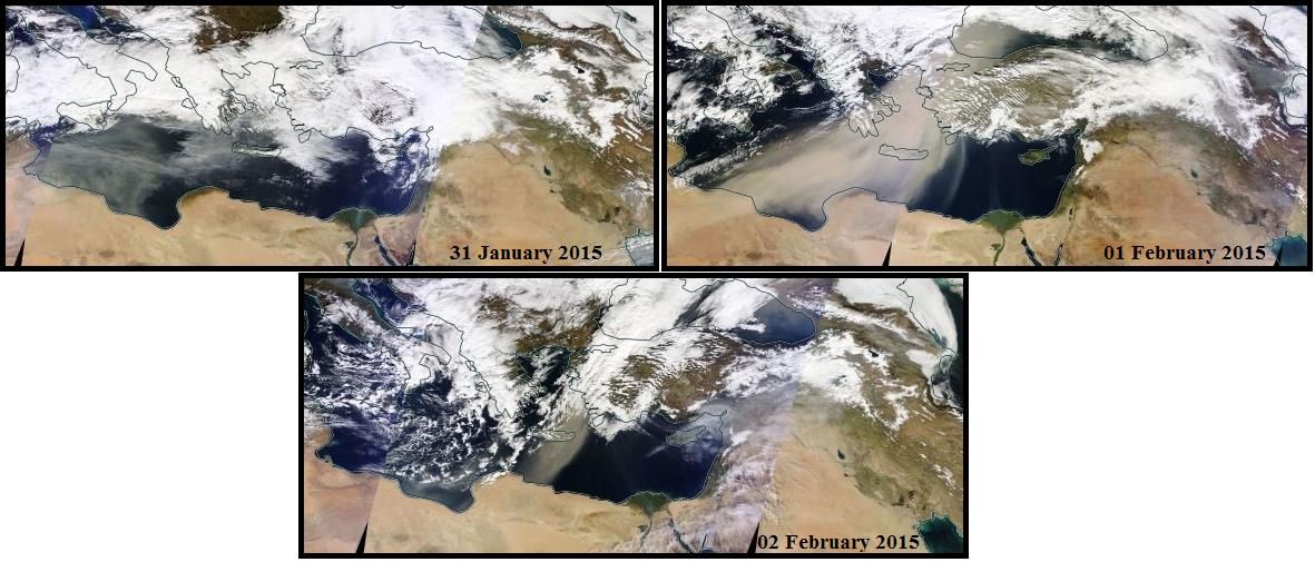 Şekil 3 de gösterilen MODIS görüntüsü, 1 Şubat 2015 tarihli toz taşınımının yoğunluğunu açıkca göstermektedir. Şekil 3.