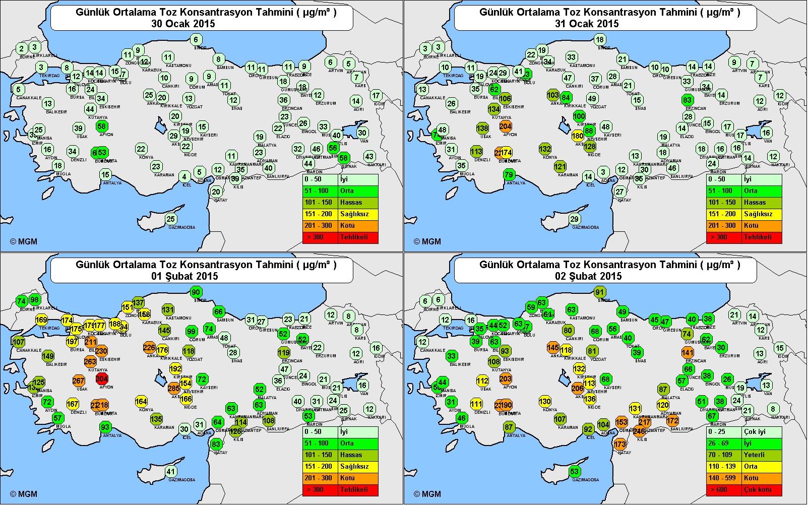 3. Toz Taşınımı Tahmin Modeli Ürünleri MGM/BSC-DREAM8b modeli, günlük ortalama yüzey toz konsantrasyonu