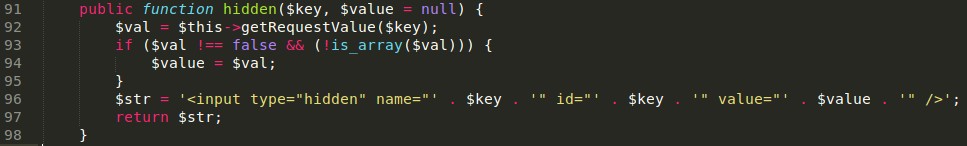 php de gördüğümüz hidden() metodunun kodlarına bakıyoruz. $form->hidden('searchinstance', $_REQUEST['searchInstance']); delete_set.