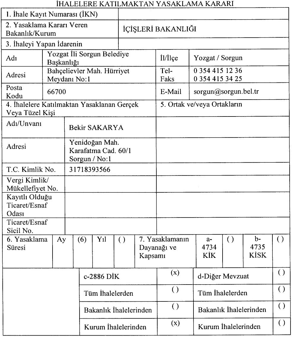 Sayfa : 140 RESMÎ GAZETE 12 Haziran 2015 Sayı : 29384 İçişleri Bakanlığı Mahalli İdareler Genel Müdürlüğünden: Yasaklama Kararı Aşağıdaki Açıklamalar Dikkate Alınarak Doldurulacaktır.