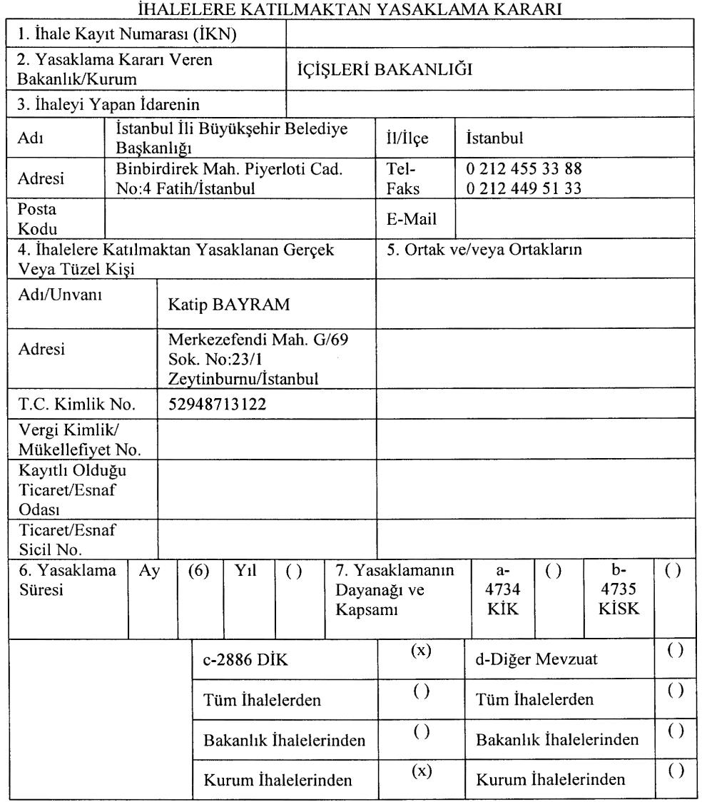 Sayfa : 156 RESMÎ GAZETE 12 Haziran 2015 Sayı : 29384 İçişleri Bakanlığı Mahalli İdareler Genel Müdürlüğünden: Yasaklama Kararı Aşağıdaki Açıklamalar Dikkate Alınarak Doldurulacaktır.