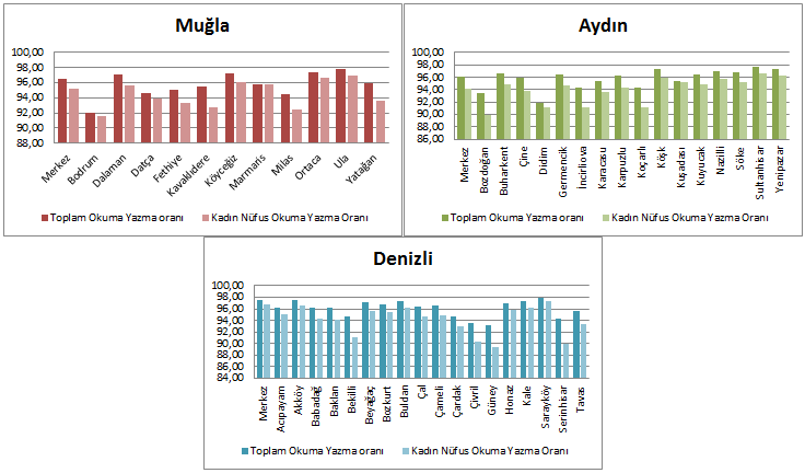 Şekil 12. Aydın, Denizli, Muğla ilçeleri okuma yazma oranları, 2012 Kaynak: TÜİK, ADNKS 2.