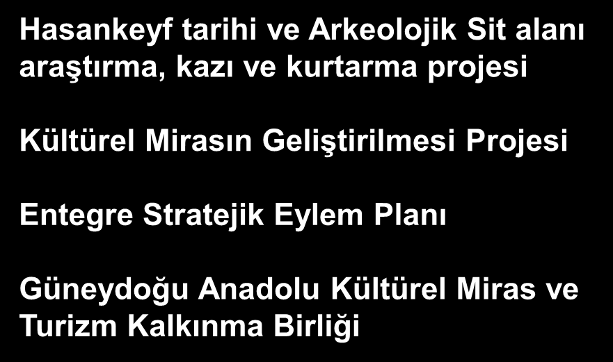 ÇEVRE, KÜLTÜR ve TURİZM PROJELERİ Çevre Projeleri Kültür ve Turizm Projeleri Hasankeyf tarihi ve Arkeolojik Sit alanı araştırma, kazı ve