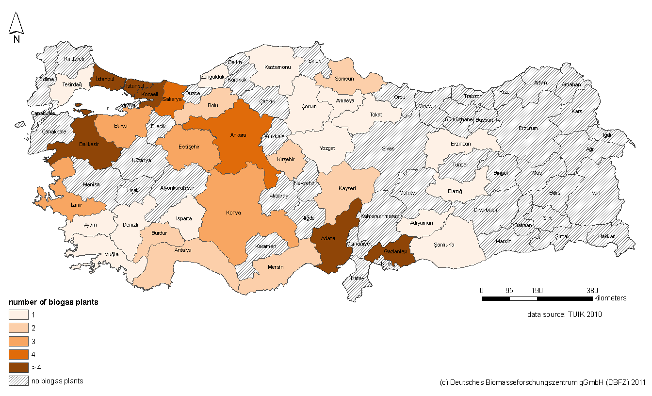 Türk-Alman Biyogaz Projesi Şekil 3: Türkiye'deki biyogaz tesis sayıları (durum: işletmede ve planlamada). Türkiye de hala gaz arıtma tesisi bulunmamaktadır.