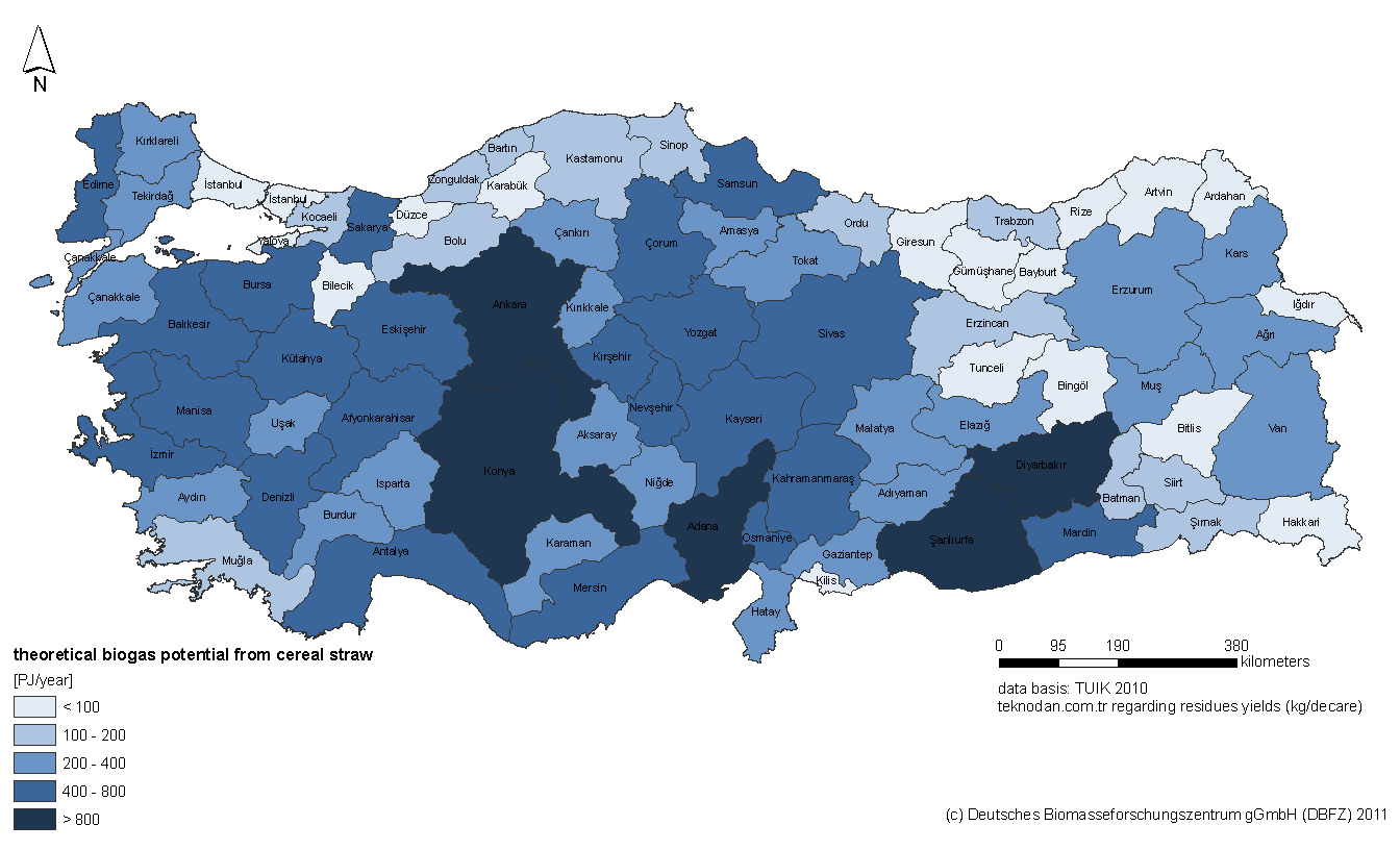 Türkiye'de biyogaz yatırımları için geçerli koşulların ve potansiyelin değerlendirilmesi Şekil 27: Tahıl saplarının teorik biyogaz potansiyeli. Kaynak: [35].