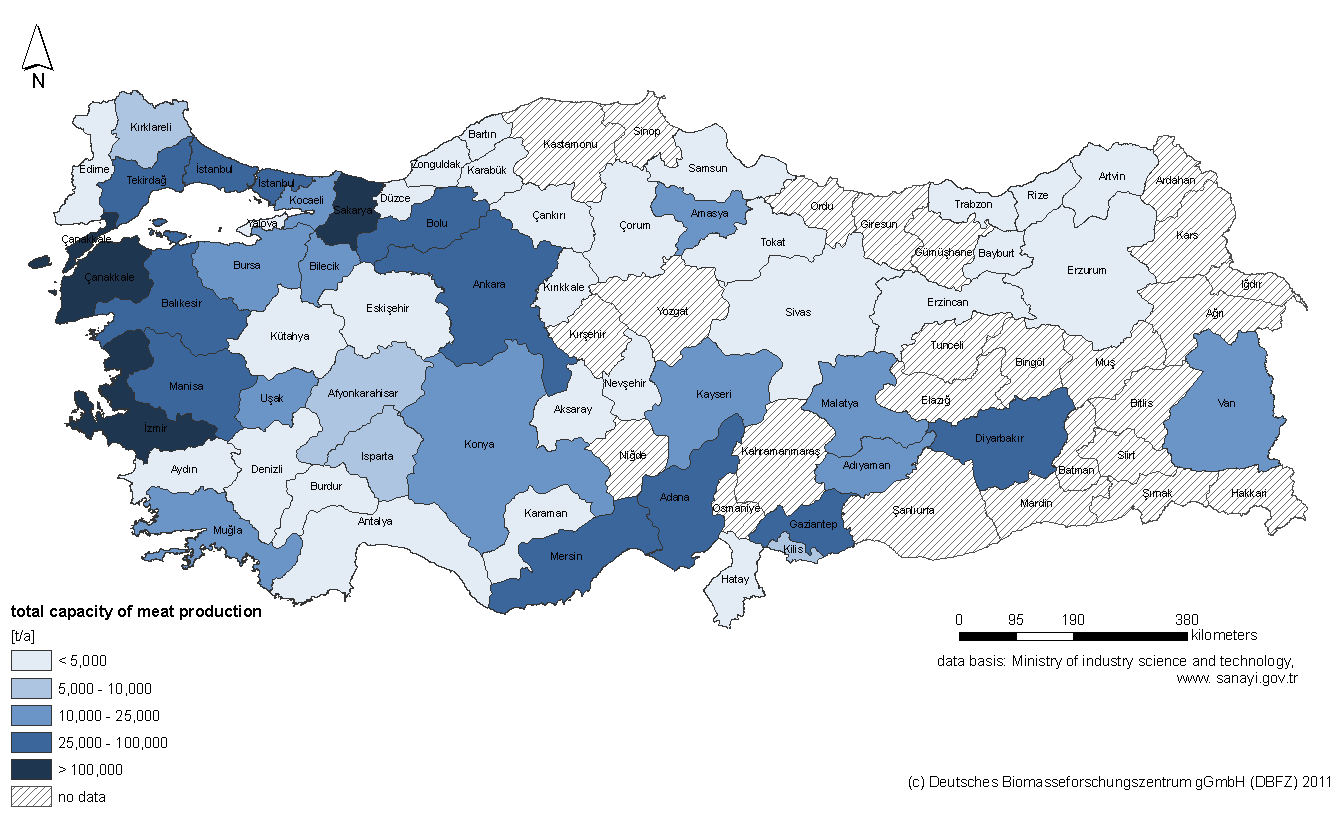 Türk-Alman Biyogaz Projesi Şekil 37:Toplam et üretim kapasitesi dağılımı. Kaynak: [50]. Tablo 29, 1995-2009 yılları arası kesilmiş, kanatlı hayvan sayılarını göstermektedir (ton/yıl).