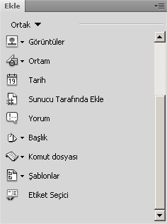 Bölüm 1 Dreamweaver Temelleri 15 Ekle araç çubuğu; resimler, tablolar, özel karakterler, formlar ve HTML gibi sayfanıza ekleyebileceğiniz pek çok nesne ya da elemanı içerir.