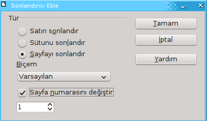 Şekil 22: Bir elle sonlandırmadan sonra sayfa numaralamayı yeniden başlatmak Sayfa boşluklarını değiştirmek Sayfa boşluklarını iki şekilde değiştirebilirsiniz: Sayfa cetvellerini kullanarak çabuk ve