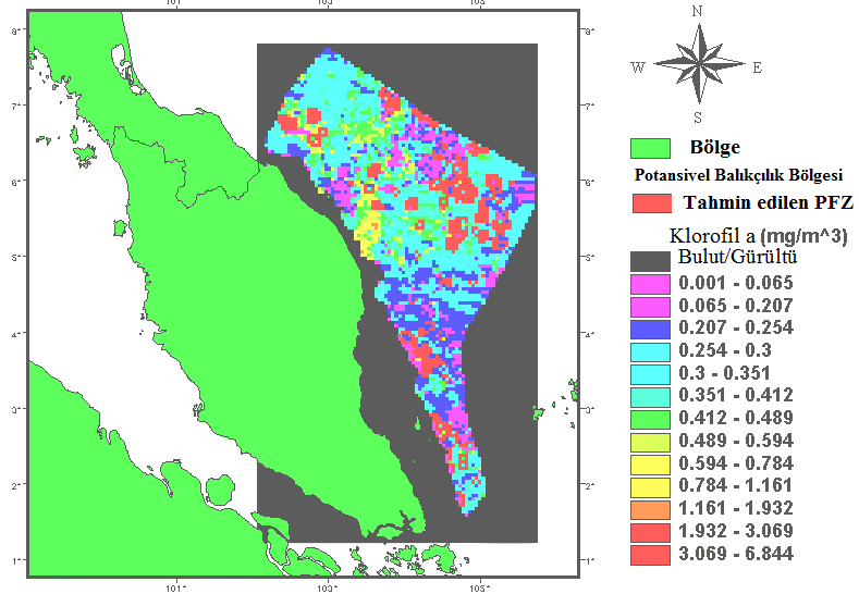 Şekil 9. 21-27 Eylül 2001 periyodu için potansiyel balıkçılık bölgesi.