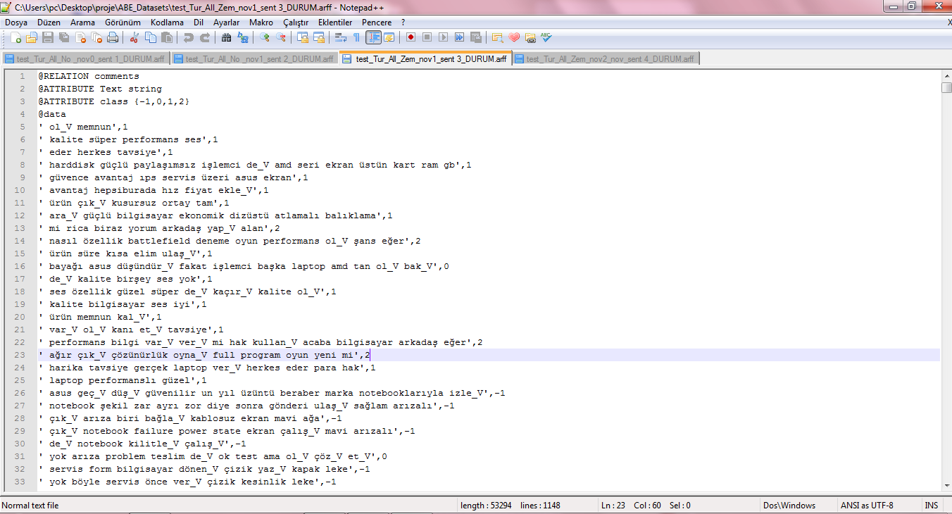 Resim 11.2.3. Stemming (Zemberek) in Kullanıldığı Arff Dosyalarının WEKA ile Uygulanışı ve Sonuçları 11.2.1.4.