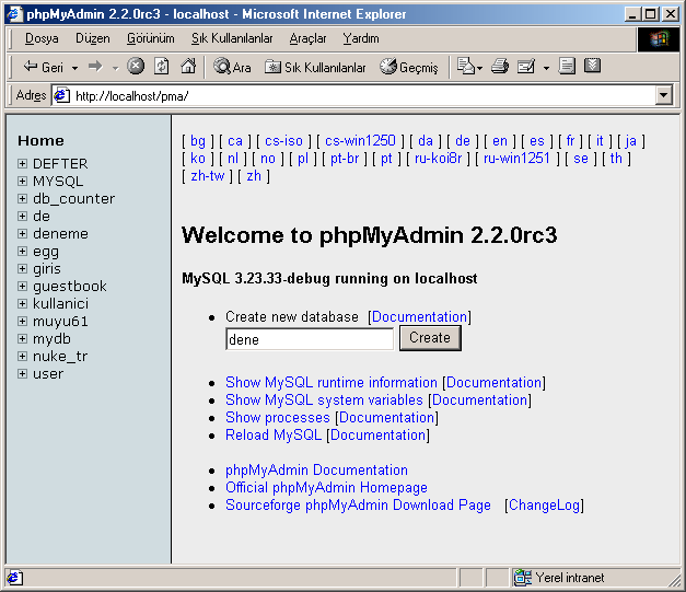 PhpMyAdmin ile Database OluĢturma Pma calıģtırıldığında gelecek olan sağ çerçevede yer alan create new database bölümüne oluģturulması istenilen veritabanı adı yazılarak create tuģuna basılırsa