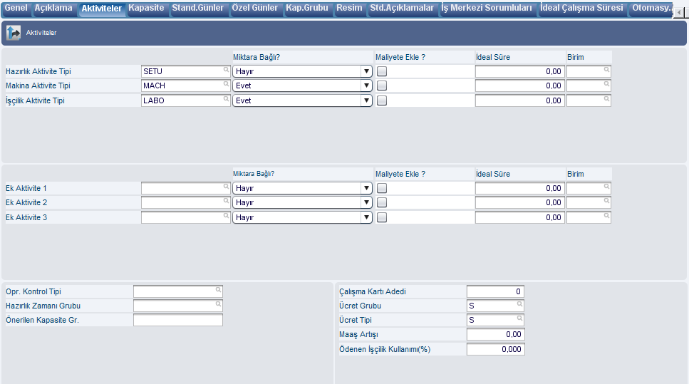 2.2.2 Aktiviteler Resim-18 Bir iş merkezinde yapılan operasyonlarla ilgili, default olarak gelecek aktiviteler ve başka bazı bilgiler tanımlanmaktadır.