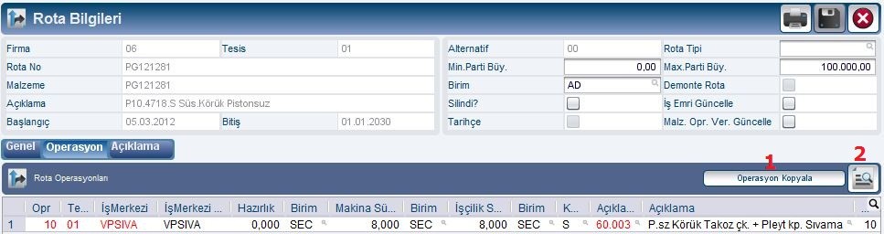 Standart bir rota tanımlaması için S, alternatif bir rota tanımlaması yapmak için A, varyantlı bir rota tanımlaması yapmak için V 'nin seçilmesi gerekmektedir.