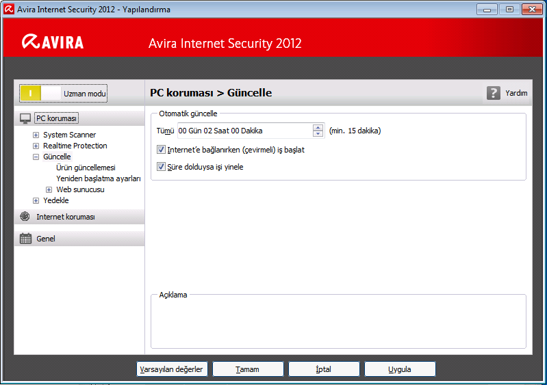 Avira Internet Security 2012 ürününe genel bakış Yapılandırma bir iletişim kutusu açar: Tamam veya Uygula düğmeleriyle yapılandırma ayarlarınızı kaydedebilir, İptal düğmesini tıklatarak ayarlarınızı