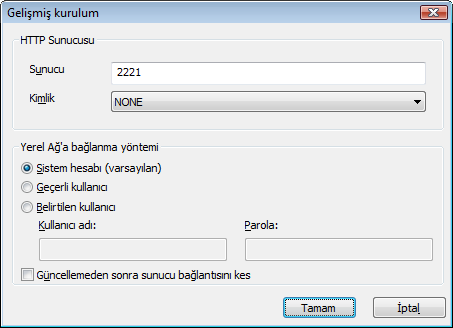 Yansıtma sekmesinin Gelişmiş ayarlar bölümünde, HTTP sunucusunun dinleme yapacağı Sunucu Bağlantı Noktası 'nı ve HTTP sunucusu tarafından kullanılan Kimlik doğrulama türünü belirtebilirsiniz.