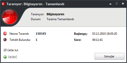 Daha sonra Comodo Antivirüs tarama profiline göre seçili öğeleri taramaya başlar. Tarama tamamlandıktan sonra Tarama Tamamlandı penceresi görüntülenir. 3.