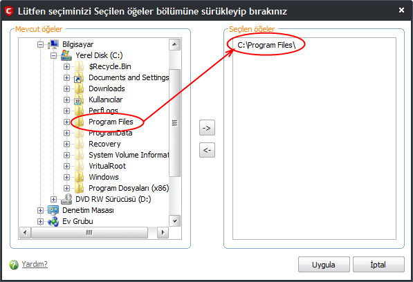 3. Ad kutusuna tarama profili adını girin ve Ekle düğmesine tıklayın. Yapılandırma ekranı açılır ve taranacak konumları seçmenizi ister. Sol sütun taranabilir tüm öğeleri gösterir.