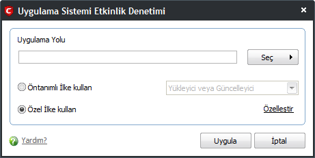 Listede olmayan bir uygulamaya ilke tanımlamak istiyorsanız Ekle düğmesine tıklayın. Bu aşağıda görünen 'Uygulama Sistem Etkinlik Denetimi' arayüzünü açar.