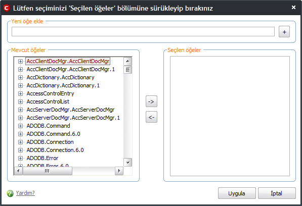 Ekle ile korunmasını istediğiniz COM arabirimini ekleyebilirsiniz. 'COM Grupları' seçeneği toplu ve öntanımlı COM arabirimlerini eklemenize izin verir. 'COM Bileşenleri.