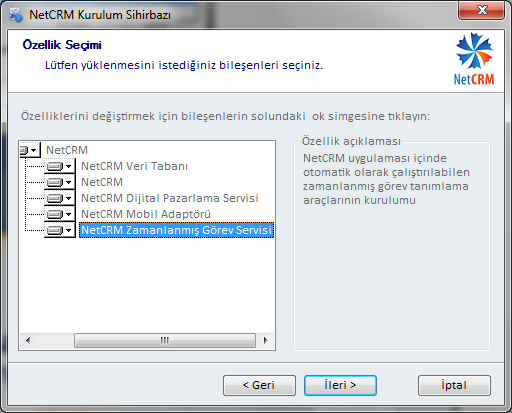 Burada kurulumu yapılacak olan bileşenler seçilecektir. Örneğin veri tabanı sunucusu ayrı ise, uygulama sunucusuna kurulum yaparken NetCRM Veri Tabanı seçeneğinin yanından Kaldır seçilmelidir.