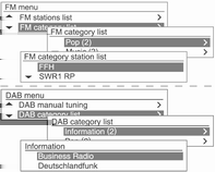 84 Radyo FM/AM/DAB menüsü Favori istasyon listesi FM/AM menüsü FM/AM istasyonları listesi FM/DAB menüsü FM/DAB kategorisi listesi FM menüsü/am menüsü/dab menüsü öğesinden, MENU-TUNE ayar düğmesini