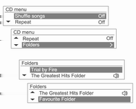 Audio Player (Çalar) 97 CD menüsü Parça listesi CD menüsü Klasörler Karışık veya tekrarla işlevlerini seçmek için MENU-TUNE ayar düğmesini çevirin ve ilgili işlevleri Açik veya Kapalı olarak