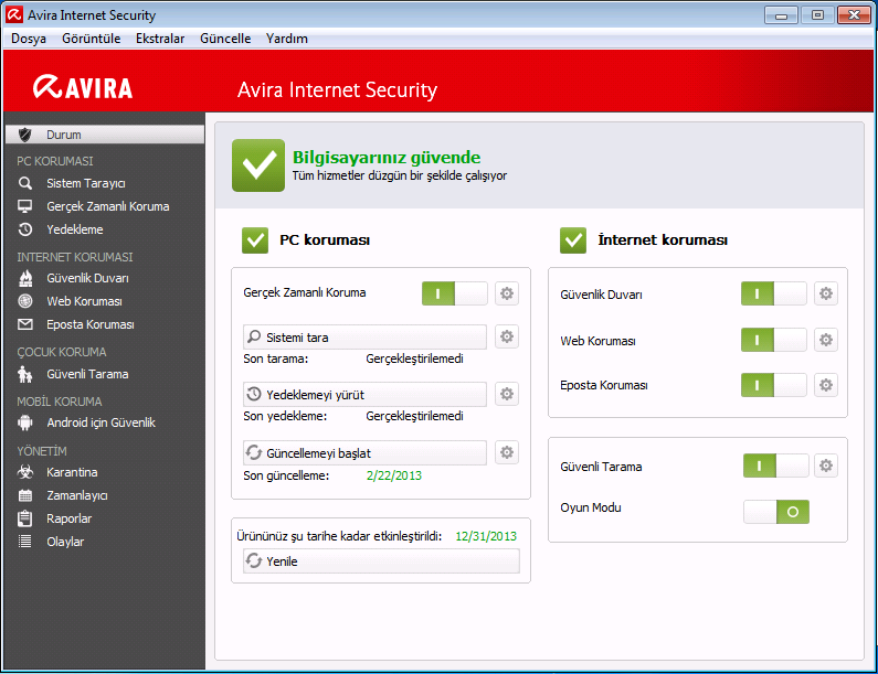 Avira Internet Security ürününe genel bakış Kontrol Merkezi penceresi üç alana ayrılmıştır: Menü çubuğu, Gezinti alanı ve Durum ayrıntı penceresi: Menü çubuğu: Kontrol Merkezi menü çubuğunda, genel