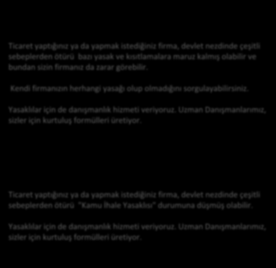 YASAKLI ANALİZLERİ TİCARİ SAKINCALILAR Ticaret yaptığınız ya da yapmak istediğiniz firma, devlet nezdinde çeşitli sebeplerden ötürü bazı yasak ve kısıtlamalara maruz