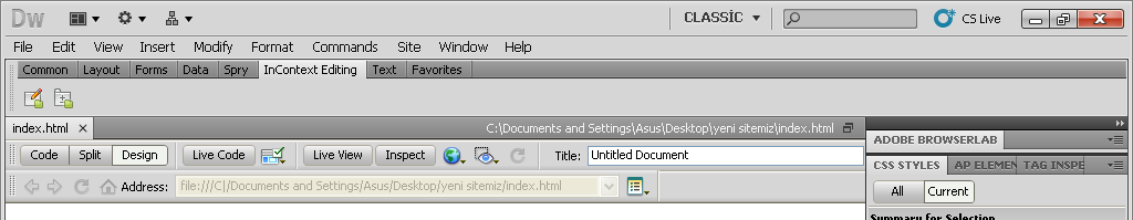 Dosya ismi üstteki başlık çubuğunda index.html olarak belirecektir. Dreamweaver Penceresi Dreamweaver da üç tane görünüm modu mevcuttur: Kod (Code), Böl(split) ve Tasarım(Design).