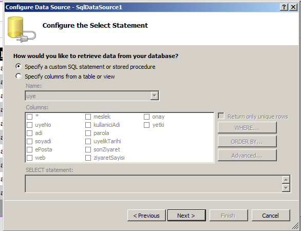 iģlemleri için diğer SQL cümleleri oluģturulur (Insert, Update, Delete). Ok butonuna basarak iģlem tamamlanır. Daha sonra Next ve Finish butonları ile bağlantı ayarı tamamlanır.