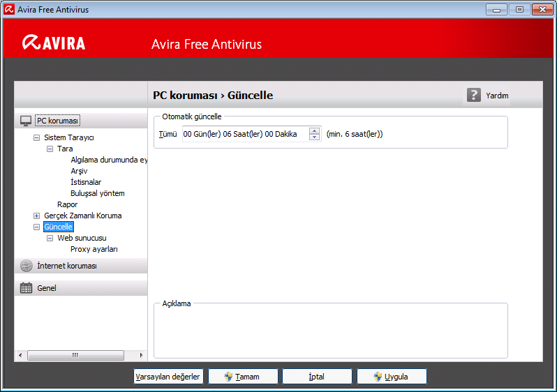 Avira Free Antivirus ürününe genel bakış Yapılandırma bir iletişim kutusu açar: Tamam veya Uygula düğmeleriyle yapılandırma ayarlarınızı kaydedebilir, İptal düğmesini tıklatarak ayarlarınızı