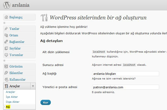 NOT Sunucunuzda wildcard desteği olmasa bile çoklu blog oluşturma özelliğini kullanmanız mümkün. Bu durumda oluşturulacak blog hesapları http://kullanici.site.com yerine http://site.