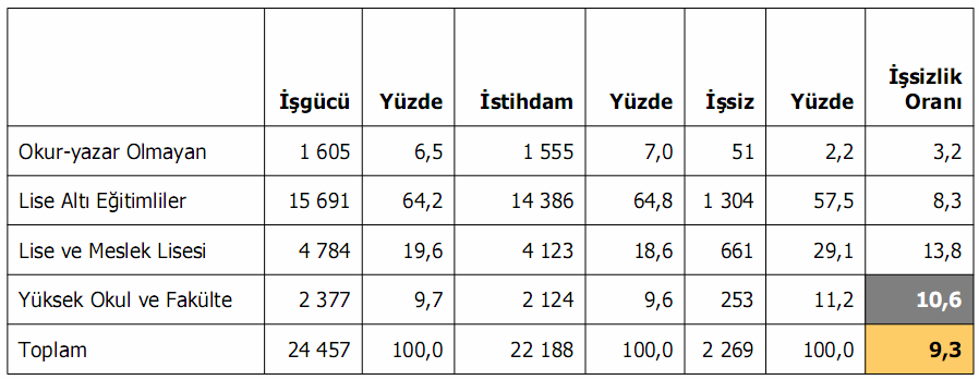 50 Tablo 7. 2004 Yılı 15 Yaş Üstü Nüfusun Eğitim Durumu 143 Tabloda da görüldüğü üzere üniversite mezunu olmak işsizliği Türkiye ortalamasının altına indirememektedir.