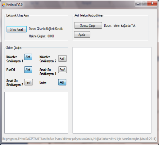 kontrol eden butonlar aktif ya da pasif hale gelir. Şekil 4 de kontrol kartı ile bağlantı kurulduktan ve çıkış durumu alındıktan sonraki ekran görüntüsü gösterilmiştir.