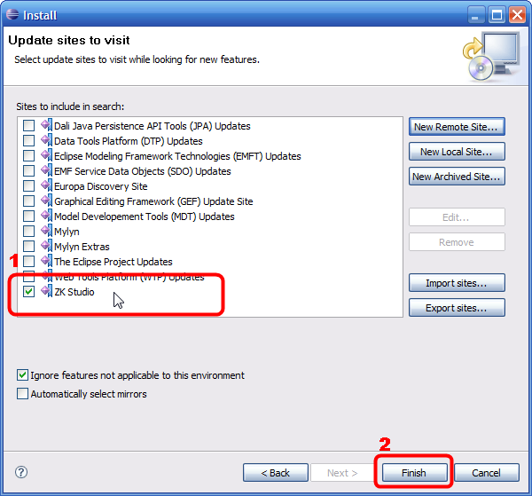 Böylece eklenen update sitesi seçilir ve [Finish] butonuna