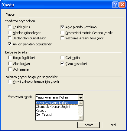 Temel Çalıştırma Microsoft Word için [Options] (Seçenekler) öğesini tıklatmanız ve [Default tray] (Varsayılan Tepsi) için [Use printer