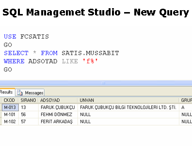 ÜNİTE 8: SQL DİLİ VE T-SQL UYGULAMALARI 57 Konu 8.11: SELECT Deyimi Şekil 8.11: Bir SELECT deyimi.» SELECT deyimini kullanmadan önce veritabanını belirtmek için USE deyimi kullanılır.