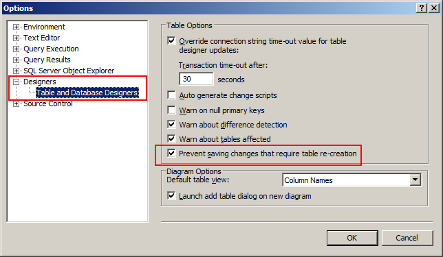 Bu değişikliği yapmak için; Tools menüsünü tıklanır. Options komutuna tıklanır. Bu pencerede Designers bölümünden Table and Database Designers seçeneğine tıklanır.