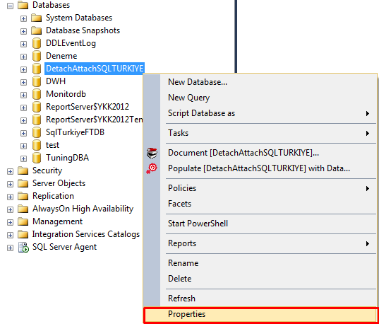 I. SSMS ile DETACH ATTACH OPERASYONU Detach, SQL Server üzerinde kullanmadığımız veritabanlarını kaynak tüketimini azaltmak adına silmeden, mdf ve ldf dosyalarını korumak kaydıyla Sql Server