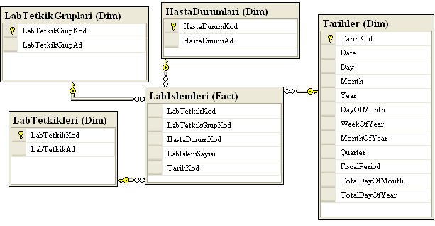 44 ġekil 5.5 Laboratuar ĠĢlemleri ER Diagramı 5.3 Veri Ambarı Üzerinde Küp ve Boyutların Tanımlanması Küpler içerisinde özel olarak hesaplanmıģ ya da özetlenmiģ olay ve çok boyutlu verileri tutar.