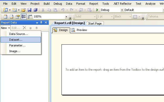 Burada öncelikle Report Data penceresinden New, Dataset tıklanarak bir Dataset eklenir.