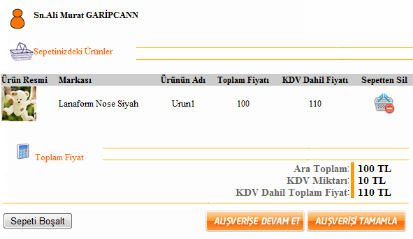 Geliştirilen uygulama üzerinden satın alma işleminin en önemli aşaması olan sipariş oluşturma işlemi; alışveriş sepetine ürün ekleme, fatura ve teslimat bilgileri, kargo seçenekleri, ödeme