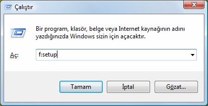 Autorun (otomatik çalışma) fonksiyonu olmaksızın manüel kurulum örneği: 1. Başlat düğmesini klikleyin 2. Tüm Programlar ı klikleyin. 3. Donatılar program noktasını açın. 4. Çalıştır maddesini seçin.