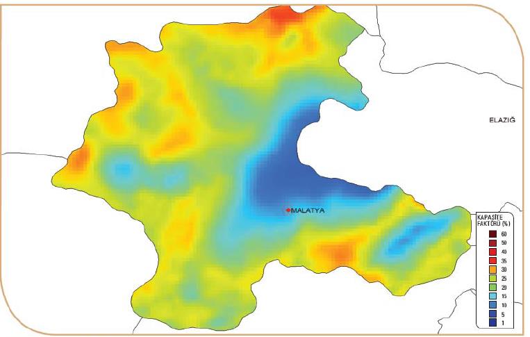 2000 Şekil 3. 50 metrede Malatya ilinin kapasite faktörü dağılımı[15] Şekil 4. Doğu Anadolu Bölgesindeki illere kurulabilecek rüzgâr enerjisi santrali güç kapasitesi [15] 4.