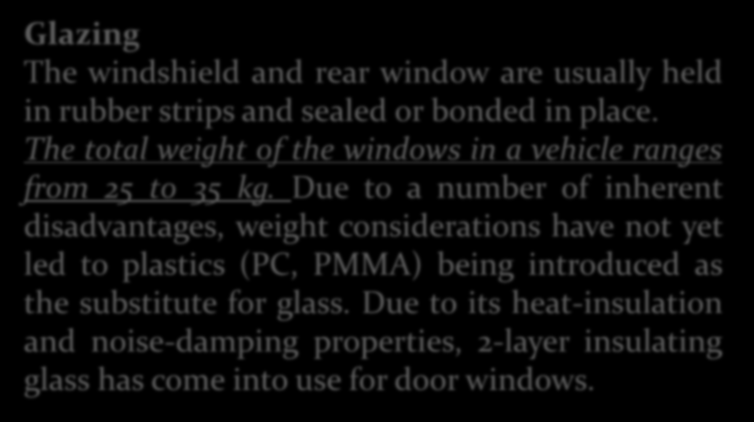 Body Finishing Components Glazing The windshield and rear window are usually held in rubber strips and sealed or bonded in place. The total weight of the windows in a vehicle ranges from 25 to 35 kg.