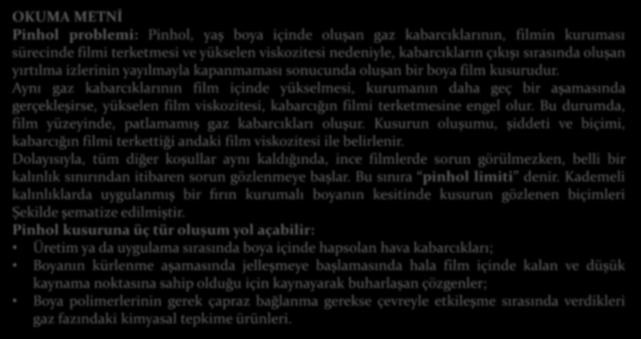 OKUMA METNİ Pinhol problemi: Pinhol, yaş boya içinde oluşan gaz kabarcıklarının, filmin kuruması sürecinde filmi terketmesi ve yükselen viskozitesi nedeniyle, kabarcıkların çıkışı sırasında oluşan