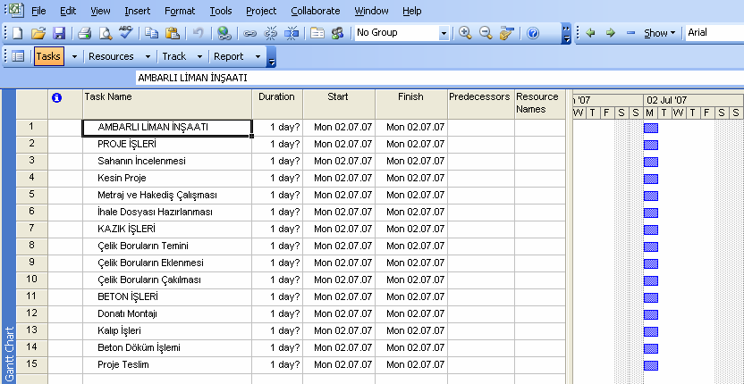 Task Name: Faaliyet ismi Duration: Faaliyet süresi Start: Faaliyet başlangıç tarihi Finish: Faaliyet bitiş tarihi Predecessors: Öncül Faaliyetler.