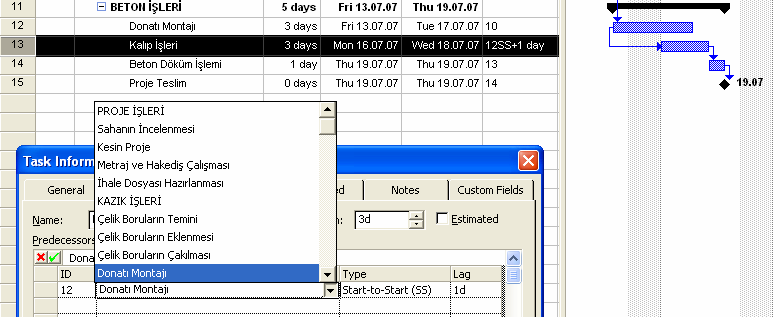 Diğer bir örnekle incelenecek olursa aşağıdaki ekranda görüldüğü gibi Kalıp Đşleri faaliyeti Donatı Montajı faaliyetin başlamasından 1 gün sonra başlamaktadır.